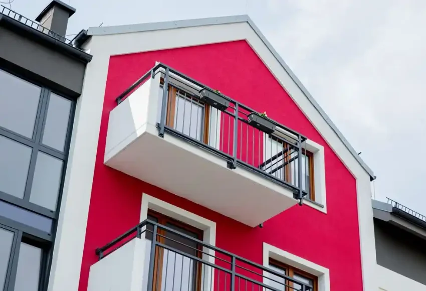 Beyaz çerçeveli, kırmızı cepheli modern bir binada siyah korkuluklu iki balkon