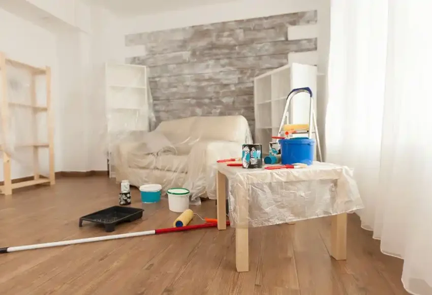 Boya malzemeleri ve merdivenin bulunduğu, mobilyaları örtülerle kaplanmış bir oturma odası